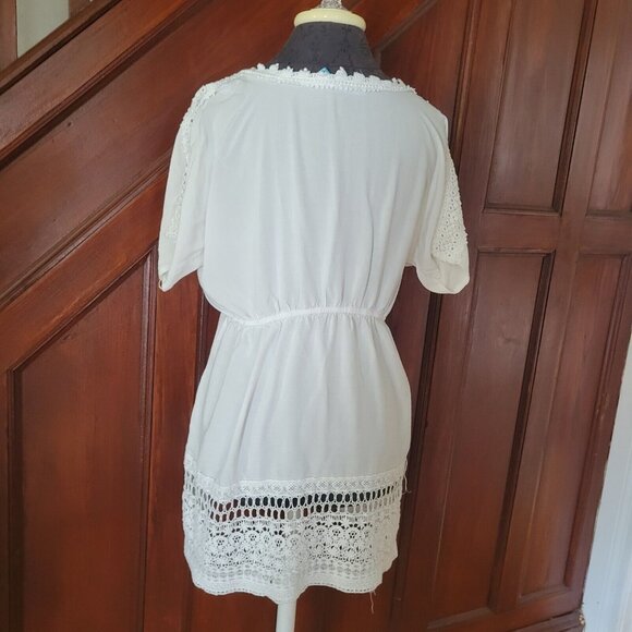 Solitaire Swim Women Large Shirt Dress White V-Neck Crochet Elastic Waist - Picture 5 of 7